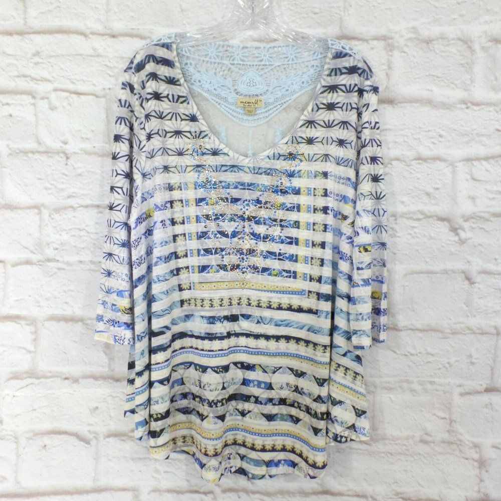 One World 1X Rhinestone Embellished Front, Lace & Crochet Back, 3/4 Sleeve Top